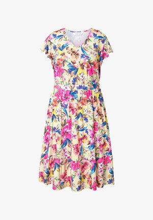 Květinové šaty z lehké tkaniny, s výstřihem do V, krátkými volánkovými rukávy, elastickým pasem a barevnými květinovými vzory na krémovém podkladu.