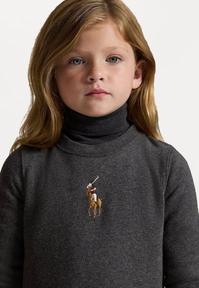 Suéter de gola alta em malha cinza, apresentando um motivo de jogador de polo bordado em vermelho, castanho e branco no lado esquerdo do peito. Textura suave e design ajustado.