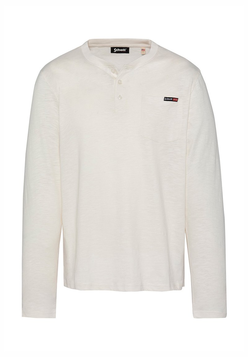 Wit langemouwen henley shirt met een drieknoopsluiting, borstzak en subtiele textuur. Bevat een merketiket op de zak.