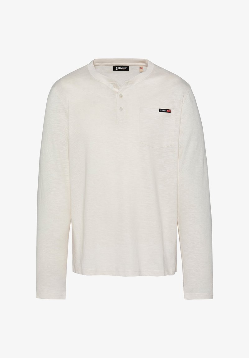 Wit langemouwen henley shirt met een drieknoopsluiting, borstzak en subtiele textuur. Bevat een merketiket op de zak.