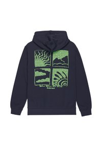 Felpa blu navy con una grafica verde a righe sul retro che presenta quattro design quadrati raffiguranti onde e montagne. Materiale di cotone morbido.
