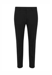 Svarta skräddarsydda byxor med slim fit, slät framdel, knappstängning, sidofickor och uppvikta benslut. Slätt tyg med en lätt lyster.