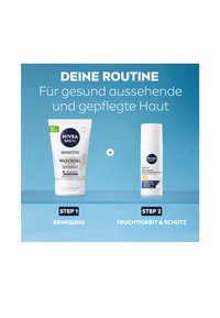 NIVEA Men sensitive wash gel in a white tube with green accents, and sunscreen in a white pump bottle, both on a blue background. Steps labeled.