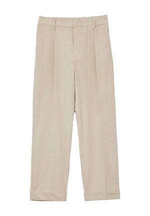 Pantaloni in corduroy beige con un design a gamba larga, caratterizzati da una vita alta, pieghe frontali e orli arrotolati per un look rilassato e strutturato.