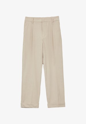 Beige corduroy trousers with a wide-leg design, featuring a high waist, front pleats, and rolled cuffs for a relaxed, structured look.