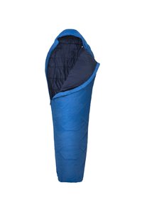 Blauer Schlafsack mit hexagonalem Steppmuster, halb geöffnet, um das dunkelmarine Innenfutter zu zeigen. Verfügt über eine runde Kapuze und einen Reißverschluss.