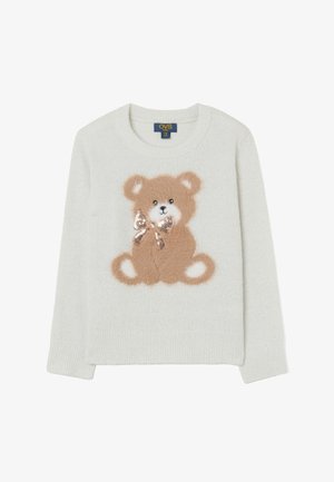 Witte gebreide trui met een fluffydesign van een bruine teddybeer, voorzien van een glanzende strik en gestructureerd garen. Ronde hals en geribde manchetten.