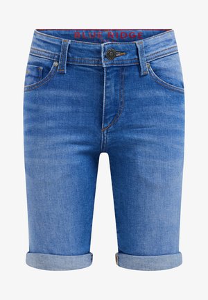 Blå denimshorts med op rullet kant, forlommer, bæltestropper, knaplukning og "BLUE RIDGE" mærke indeni linningen.