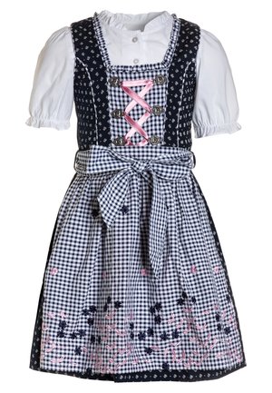 Traditionel sort-hvid ternet dirndl-kjole med lyserød båndsnøring, blomsterbroderi og hvid bluse med puffede ærmer.