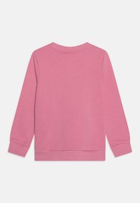 Pink sweatshirt with long sleeves, round neckline, ribbed cuffs and hem, made from a soft fabric, featuring a smooth texture and solid color.