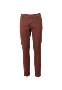 Brązowe, slim-fit dżinsy wykonane z bawełny o gładkiej fakturze. Posiada klasyczny pięciopocketowy design oraz metalowe zapięcie na guzik.