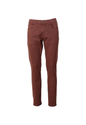 Braune, schlank geschnittene Jeans aus Baumwolle mit glatter Textur. Verfügt über das klassische Fünf-Taschen-Design und einen Metallknopfverschluss.