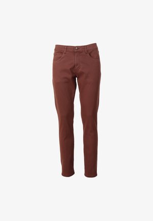 Braune, schlank geschnittene Jeans aus Baumwolle mit glatter Textur. Verfügt über das klassische Fünf-Taschen-Design und einen Metallknopfverschluss.
