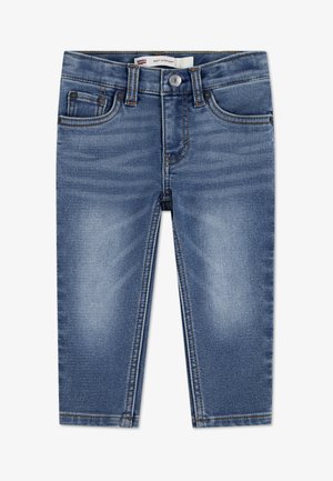 Džinsai vidutinės mėlynos spalvos, tiesios kojų linijos, turintys penkias kišenes, diržo kilpas ir švelnų blukimą, su kontrastingomis siūlėmis.