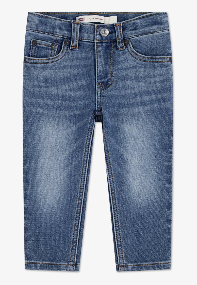 Közép kék farmernadrág egyenes szárú kivitelben, öt zsebbel, övhurkokkal, enyhe kopással és kontrasztos varrással.