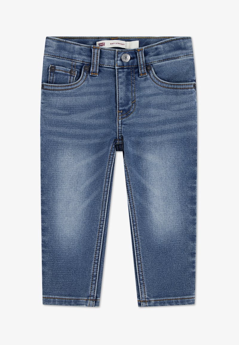 Közép kék farmernadrág egyenes szárú kivitelben, öt zsebbel, övhurkokkal, enyhe kopással és kontrasztos varrással.