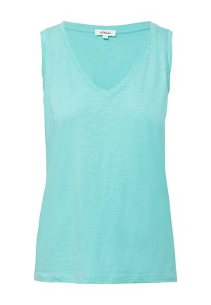 Lichtblauw mouwloos topje met een V-hals ontwerp, gemaakt van een zachte, gestructureerde stof. Heeft een eenvoudige stijl zonder patronen of versieringen.