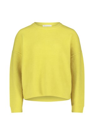Sweatshirt en maille jaune, coupe décontractée avec épaules tombantes, encolure ronde et poignets côtelés. Texture douce, design minimaliste sans motifs visibles.