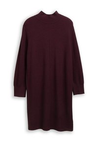 Burgunderfarbendes Strickkleid mit hohem Stehkragen, langen Ärmeln und seitlichen Schlitzen. Weiche Textur und lockere Passform. Keine Muster oder Hardware-Details.