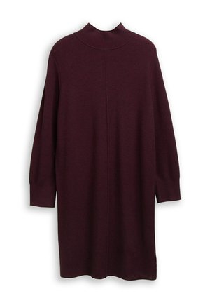 Burgunderfarbendes Strickkleid mit hohem Stehkragen, langen Ärmeln und seitlichen Schlitzen. Weiche Textur und lockere Passform. Keine Muster oder Hardware-Details.