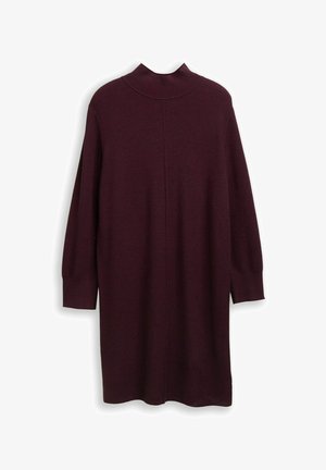 Burgunderfarbendes Strickkleid mit hohem Stehkragen, langen Ärmeln und seitlichen Schlitzen. Weiche Textur und lockere Passform. Keine Muster oder Hardware-Details.