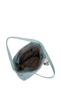 Borsa a spalla blu con un esterno liscio, dotata di un interno a fantasia marrone. Include una tasca con zip e una morbida tracolla.