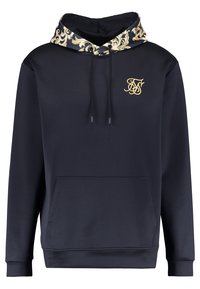 Sudadera azul marino con capucha estampada y detalles en dorado. Presenta un bolsillo frontal y un logo dorado en el pecho. Fabricada con un tejido suave.