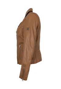 Braune Lederjacke mit taillierter Passform, Reißverschluss vorne und seitlichen Taschen. Besitzt eine detailreiche Panelstruktur und Reißverschlussmanschetten.