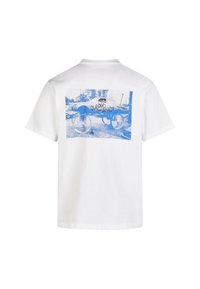 White cotton t-shirt featuring a blue graphic print of a car with wheels, accompanied by text, on the back. Short sleeves, standard fit.