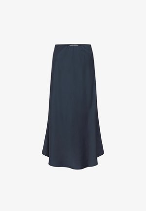 Gonna midi blu navy con una texture liscia, vita elastica e forma svasata, con un leggero luccichio e senza motivi o dettagli visibili.