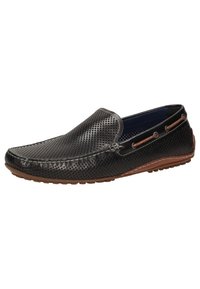Schwarze durchbrochene Slipper mit brauner Gummisohle, kontrastierenden Nähten und metallischen Akzenten. Rutschfeste Ausführung mit runder Zehenform.