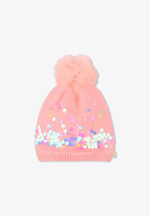 Gebreide roze muts met een fluffy tule pompon bovenop, versierd met meerkleurige pailletten die horizontaal over de onderkant zijn gerangschikt.