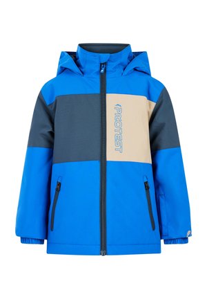 Blauwe winterjas met een capuchon, met een kleurblokontwerp in blauw, donkergrijs en lichtbeige. Inclusief met rits afgesloten zakken en logo-details.