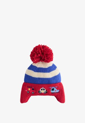 Knitted beanie with red, blue, and cream stripes. Features a large red pompom on top and decorative vehicle appliqués in various colors.