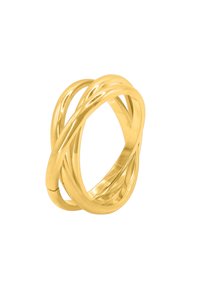 Anello in metallo dorato con bande intrecciate. Texture liscia, bordi arrotondati e una finitura lucida, che creano un effetto scultoreo.