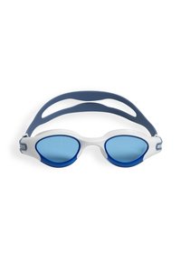 Gafas de natación con una combinación de colores blanca y azul, con lentes de color azul, correas de silicona flexibles y un diseño aerodinámico.