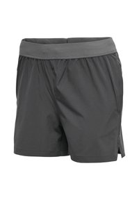Shorts de sport gris foncé avec une large ceinture élastique et des fentes latérales aux ourlets, fabriqués en tissu léger.