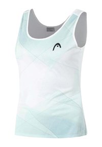 Débardeur blanc avec un motif géométrique bleu clair, col rond, fines bretelles et un petit logo noir à l'avant.