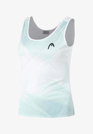 Canottiera bianca con un motivo geometrico azzurro chiaro, scollatura tonda, spalline sottili e un piccolo logo nero sulla parte anteriore.