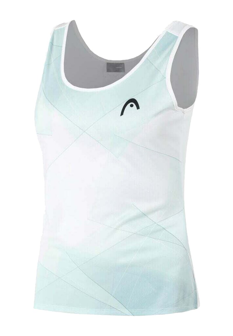 Débardeur blanc avec un motif géométrique bleu clair, col rond, fines bretelles et un petit logo noir à l'avant.
