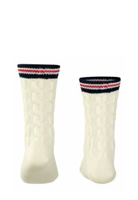 Weiße, gestrickte Socken mit einem Kabelmuster, ausgestattet mit einem Bündchen in Schwarz, Weiß und Rot mit Streifen. Weicher Stoff, mittlere Höhe.