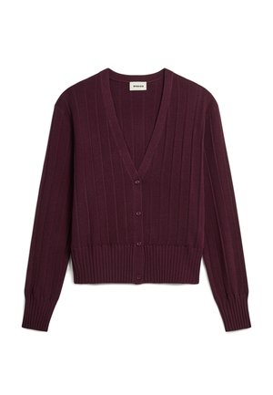 Bordeaux geribbelde cardigan met een V-hals, knoopsluiting en lange mouwen. Heeft een gemêleerde brei en een aansluitende zoom.