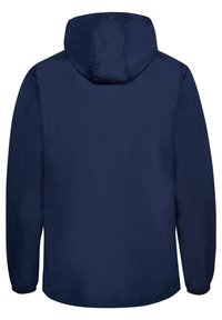 Granatowa, lekka kurtka z kapturem, elastycznymi mankietami i gładką teksturą. Tył jest gładki, bez ozdób ani wzorów.