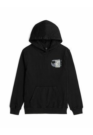 Sweat à capuche noir avec poche avant et petit motif gris représentant une radio vintage en haut à gauche de la poitrine.