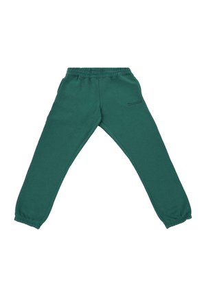 Pantalons de survêtement verts en mélange de coton avec une taille élastique, des jambes fuselées et un logo en relief sur le côté.