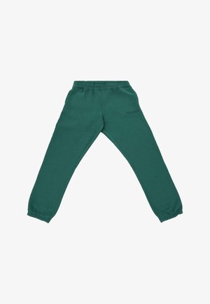 Pantalons de survêtement verts en mélange de coton avec une taille élastique, des jambes fuselées et un logo en relief sur le côté.