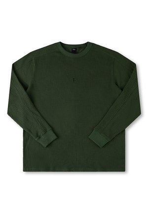 Long-sleeve, crewneck sweatshirt in dark green, ribbed texture, with matching cuffs and hem. Features a small, subtle logo on the chest.