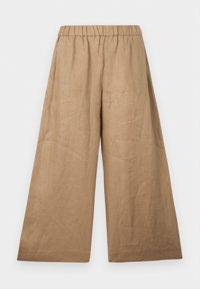 Lnianowe spodnie szerokie w jasnobrązowym odcieniu, z marszczonym elastycznym pasem i gładkim, teksturowanym wykończeniem.