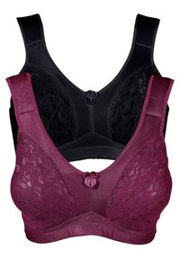 Due bandeau: una bordeaux con pizzi floreali e un dettaglio a fiocco, l'altra nera con una finitura liscia. Entrambe presentano spalline larghe e un design senza cuciture.