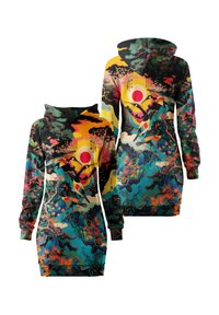 Hooded sweatshirt dress featuring a bold, colorful design with cranes, trees, and floral patterns. Made of a soft material with a relaxed fit.